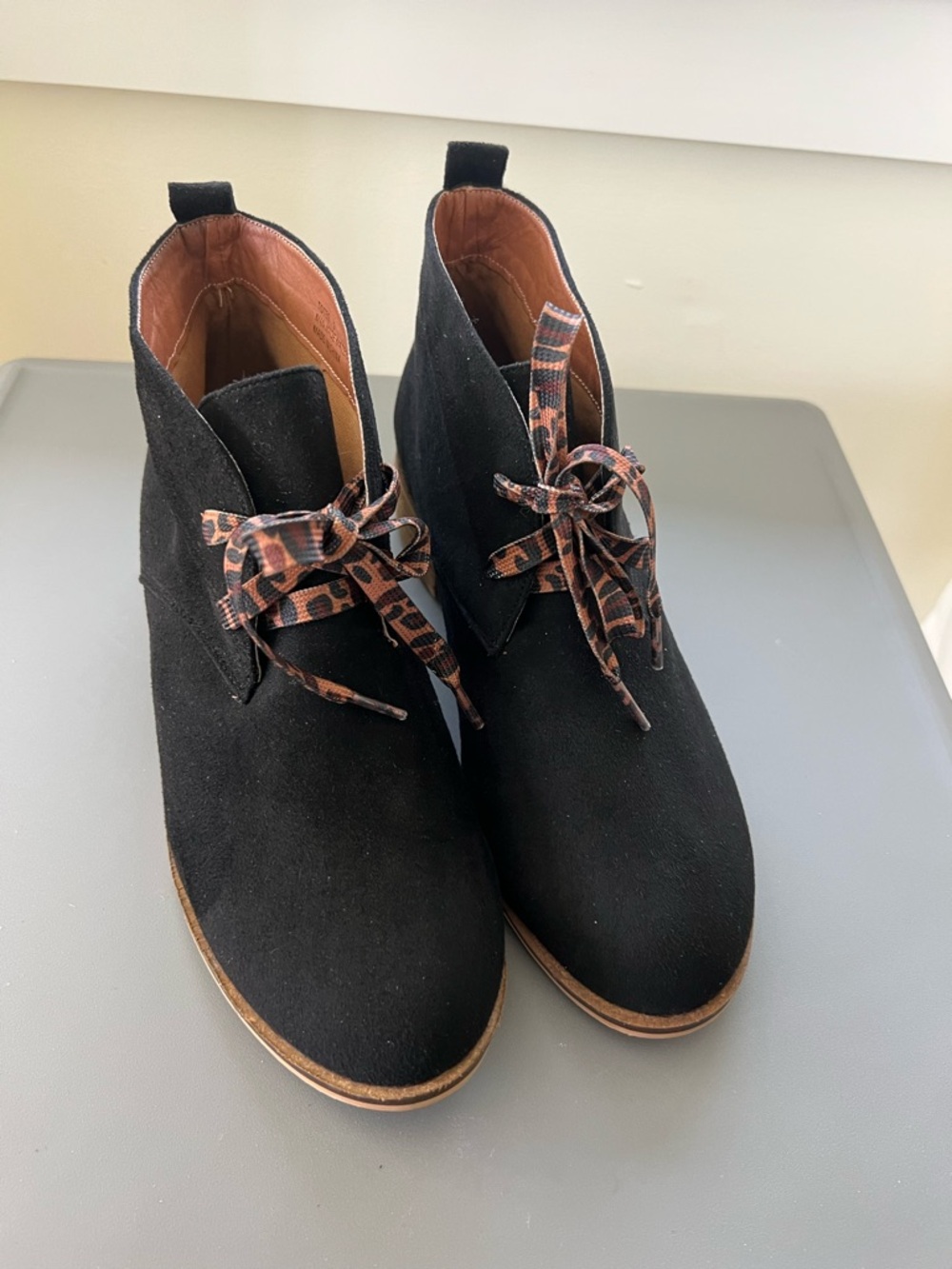 Hey Girl by Corkys Black Suede Ankle Boots with Brown Trim and Printed Laces